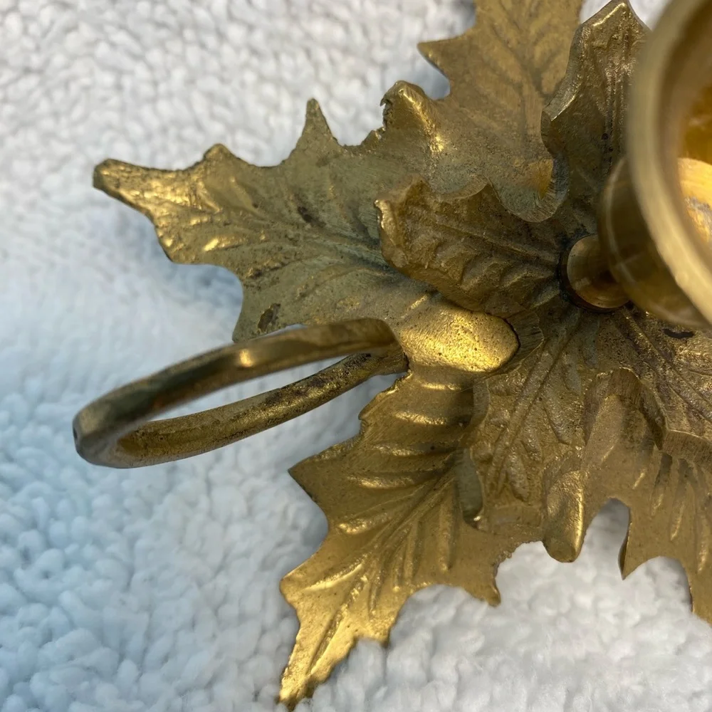 Set of Two Vintage Solid Brass Holly Leaf Candlestick Holders